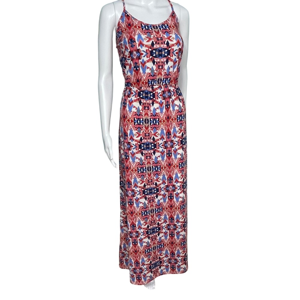 M Southwestern Print Maxi Dress with Crochet Lace Racerback Red Blue White